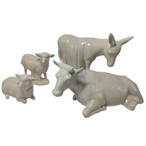 Vintage Nativity Holland Mold Barn Animals 1992 Ivory Blue Four Piece‎ Set SEE